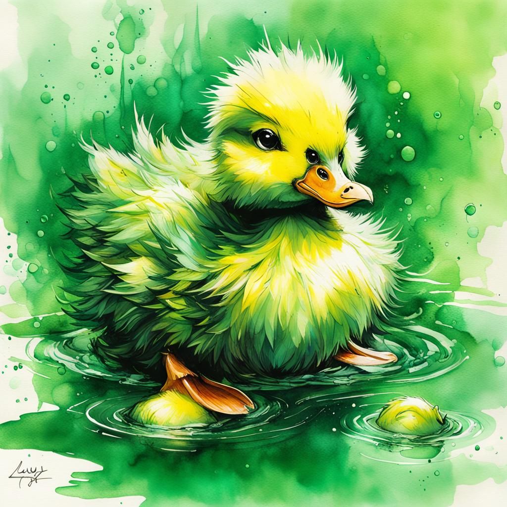 Biopunk Duckling in Pond Alcohol Ink Illustration