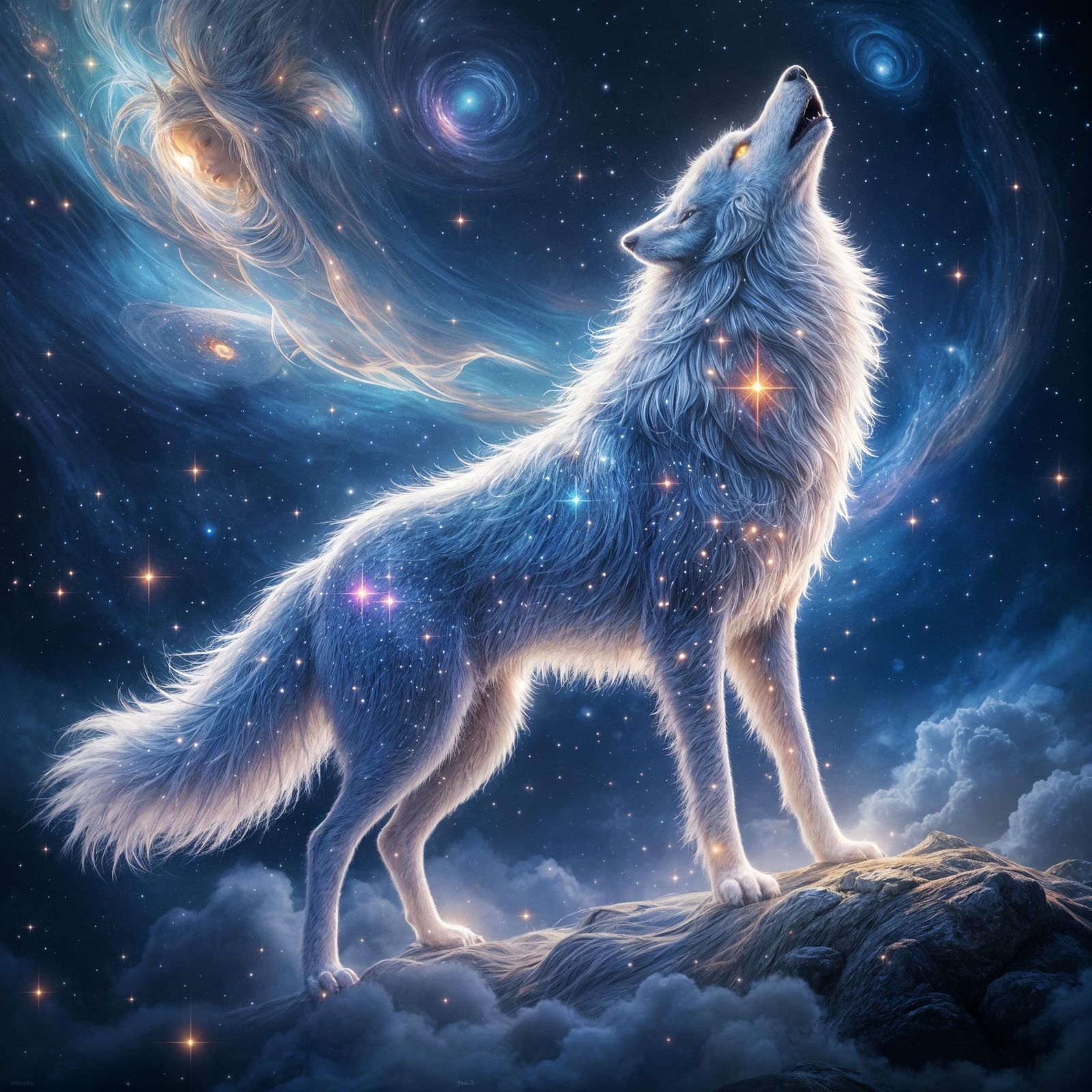 Celestial Wolf Howling in the Cosmos: Hyperrealistic Art