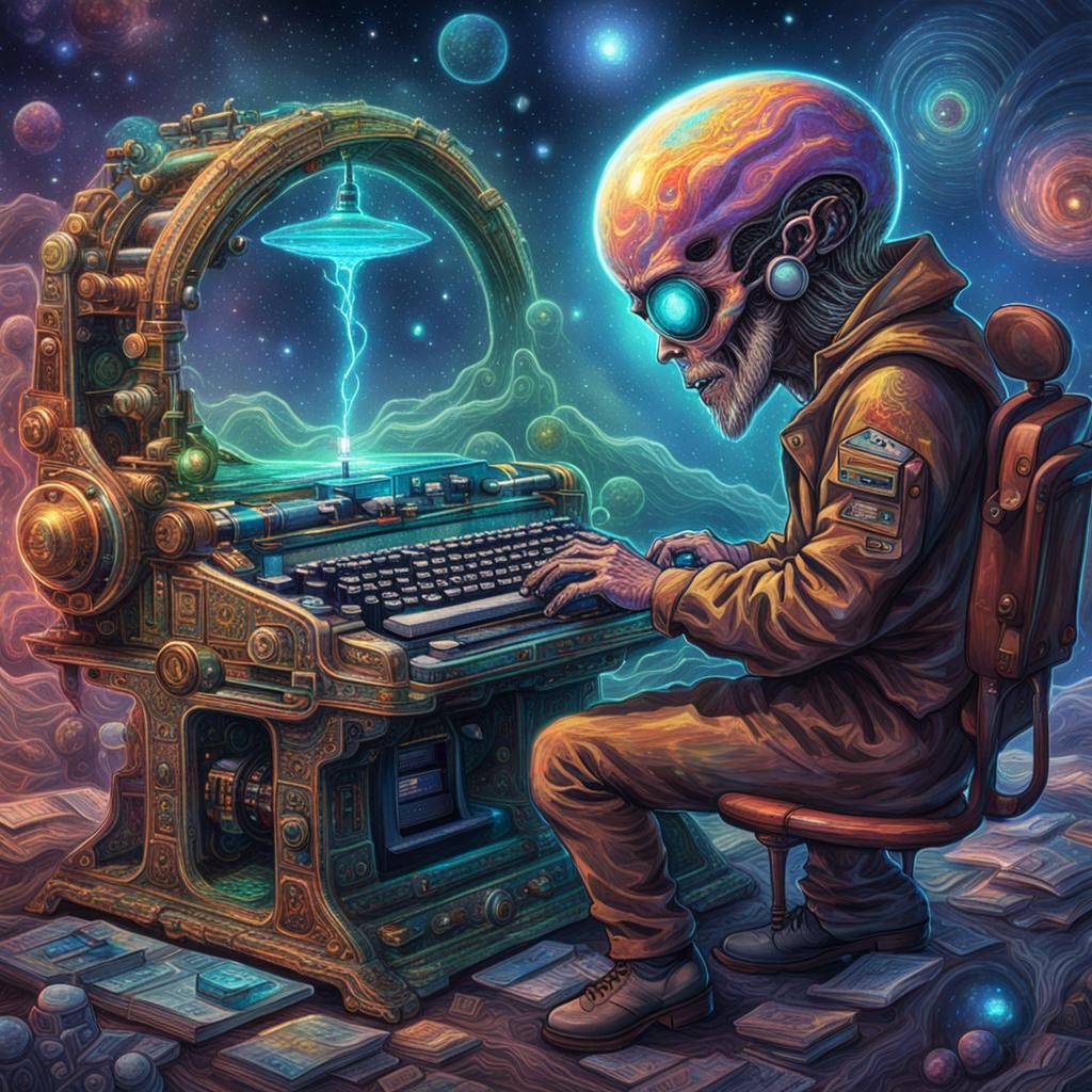 Alien Typist at Cosmic Time-Machine Typewriter