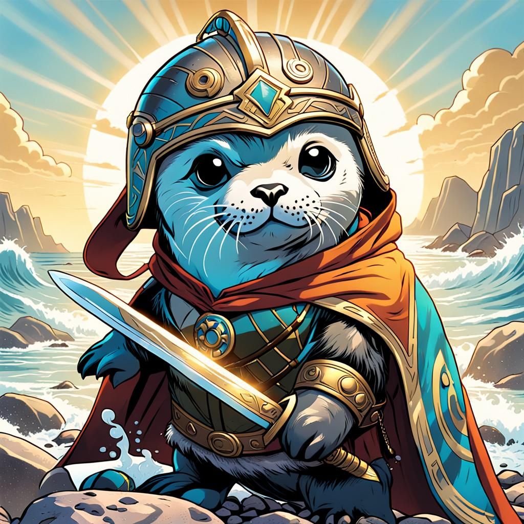 Baby Seal Viking in Comic Book Style