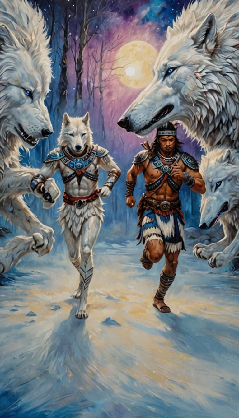 Warrior and White Wolf Touching Foreheads as Oil Painting