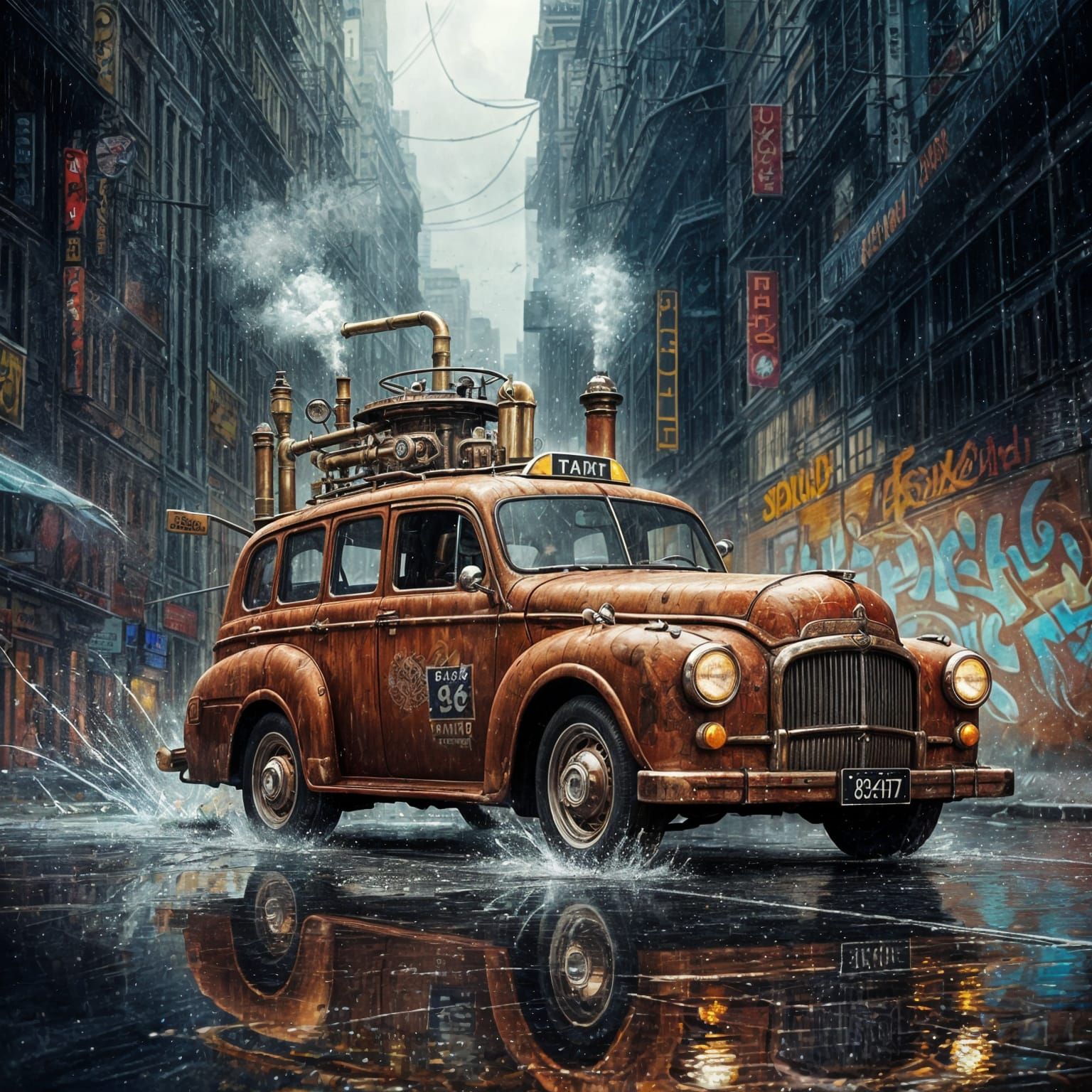 Vibrant Steampunk Taxi Emerges from City Street Art