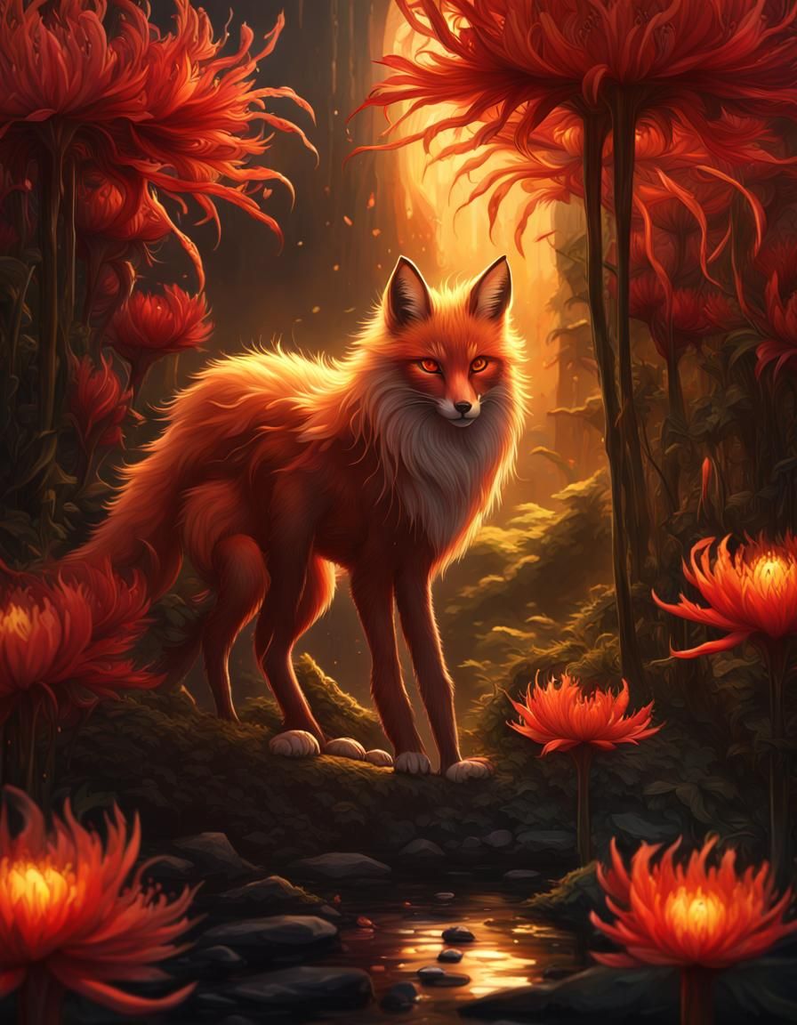 Nine-Tailed Fox in Darkness with Red Lilies