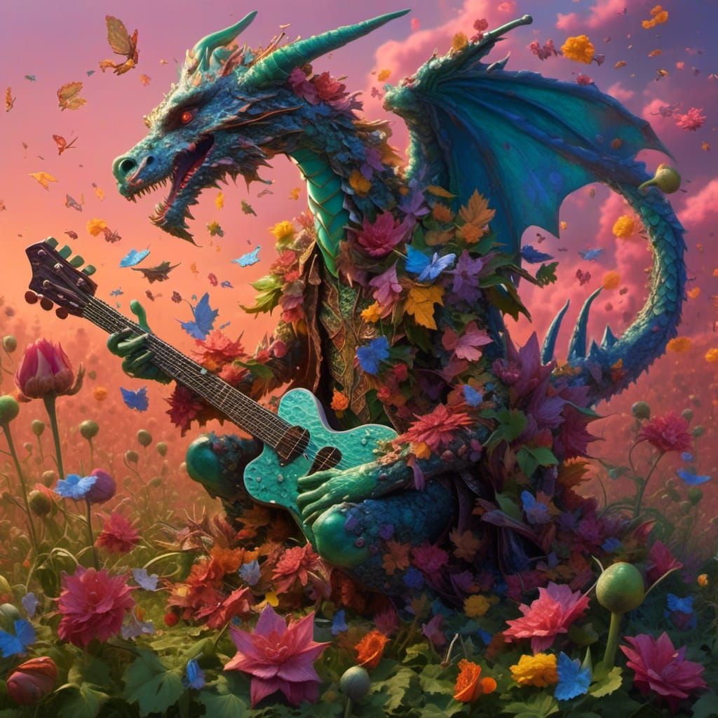 Hyperrealistic Dragon Plays Guitar in Field