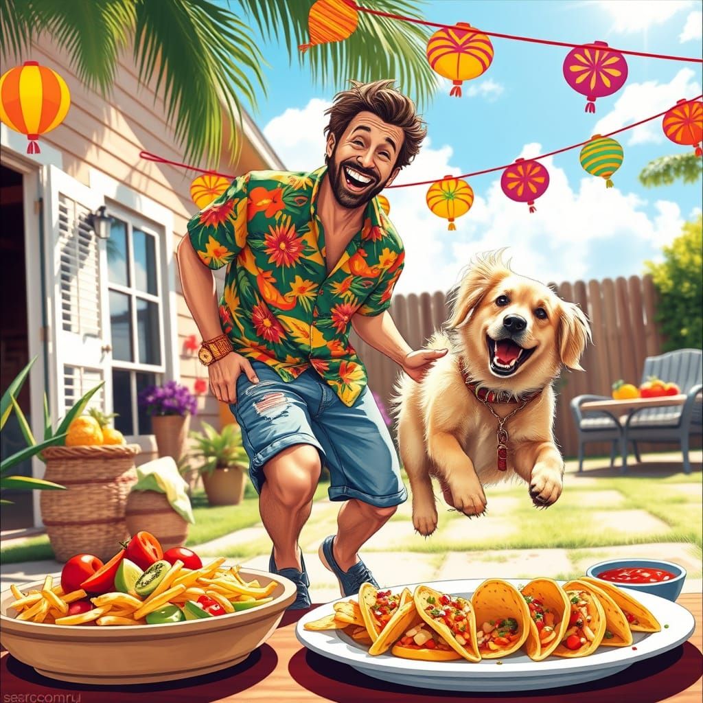 Man Plays with Energetic Dog in Colorful Backyard