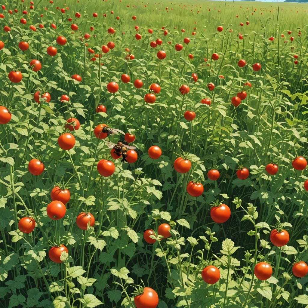 Lush Meadow with Red Tomatoes in Anime Style
