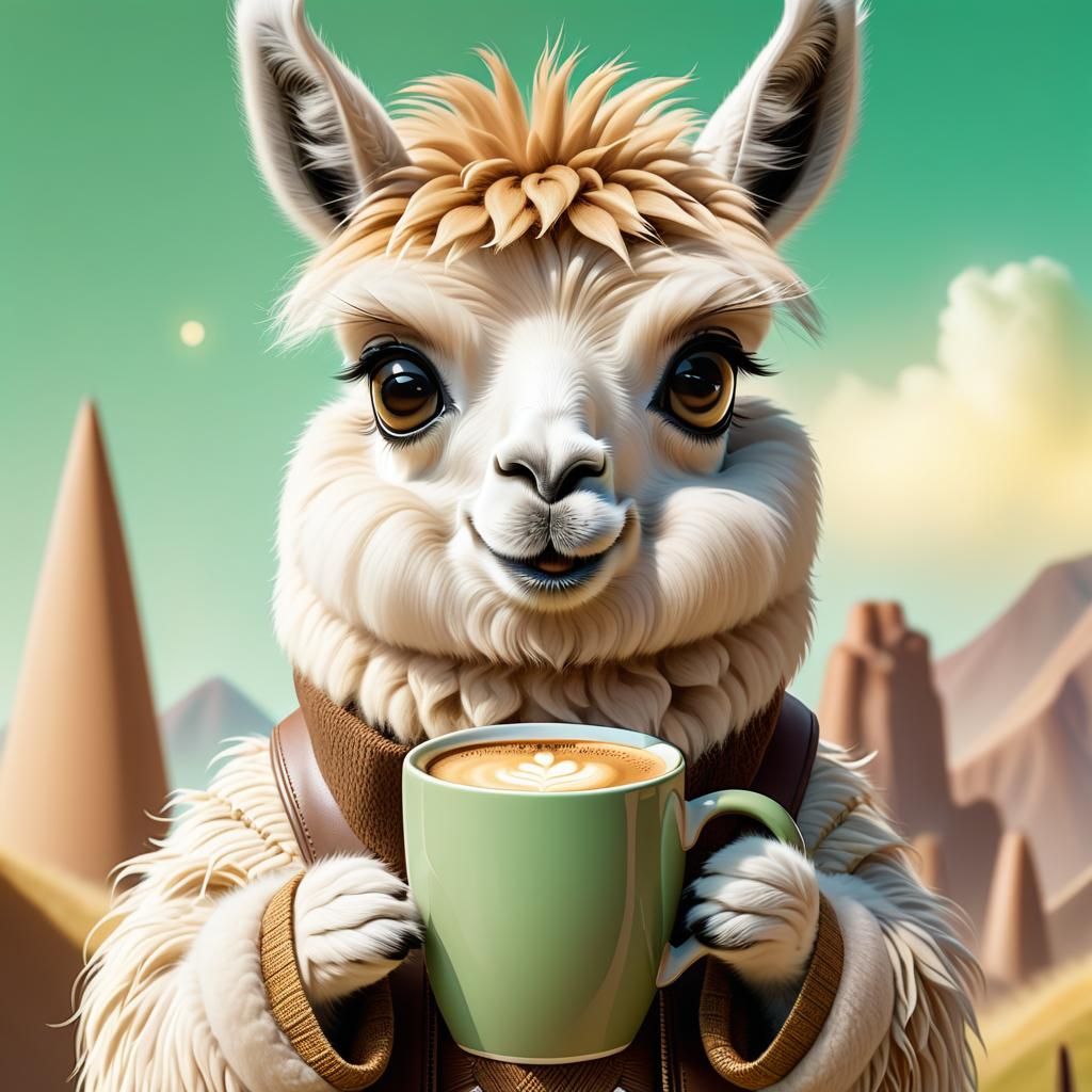 Cute Llama with Coffee Mug in Pastel Colors