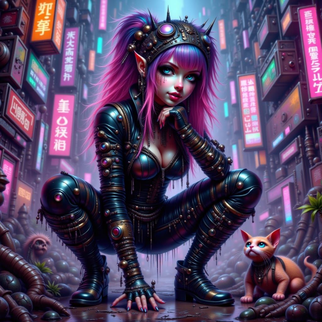 Cyberpunk Heroine with Feline Companion in Dystopian City