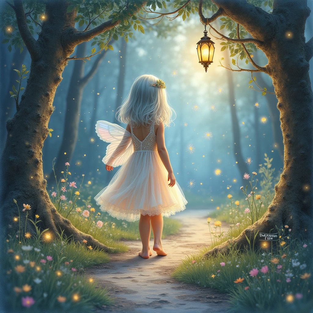 Ethereal Girl on Forest Path with Fireflies