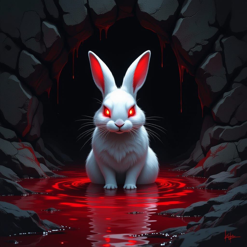 Menacing Evil Rabbit in Blood Before Dark Cave