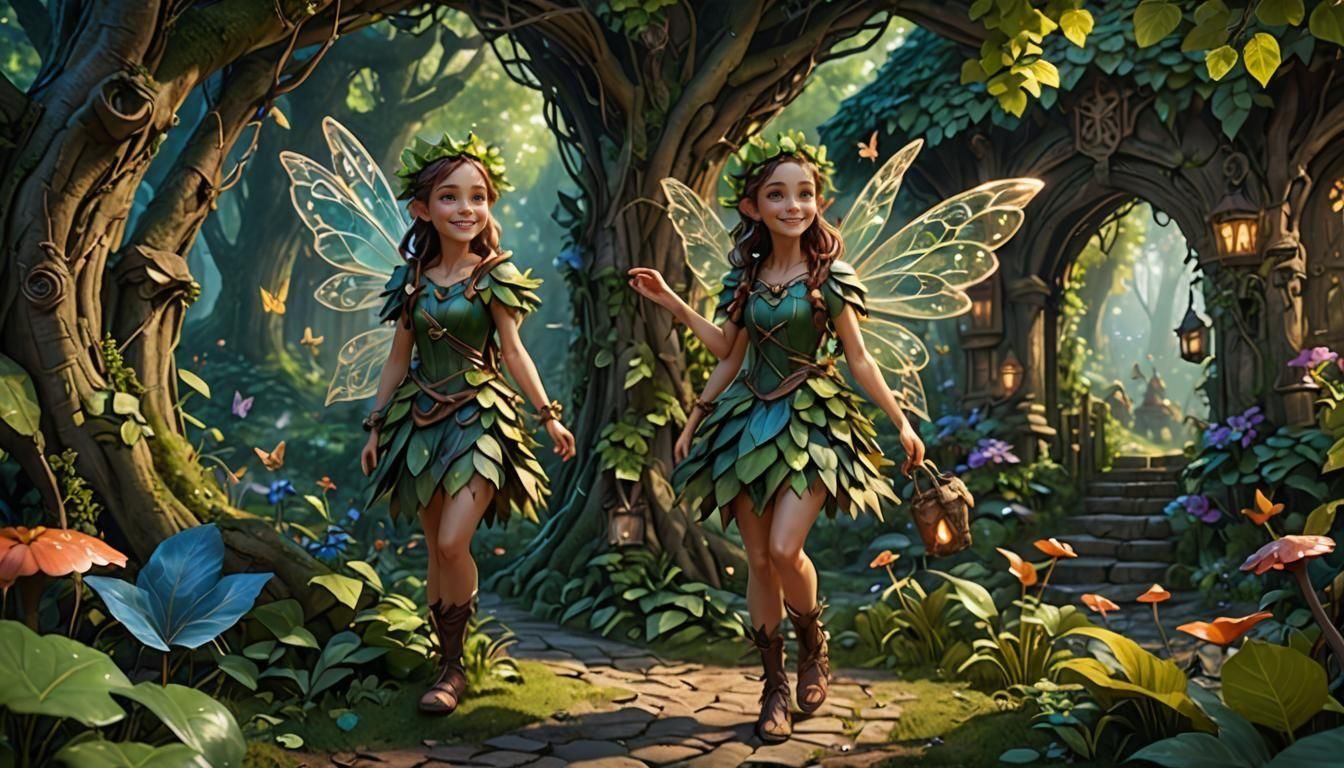 Smiling Fairy Girl at Forest Village Entrance