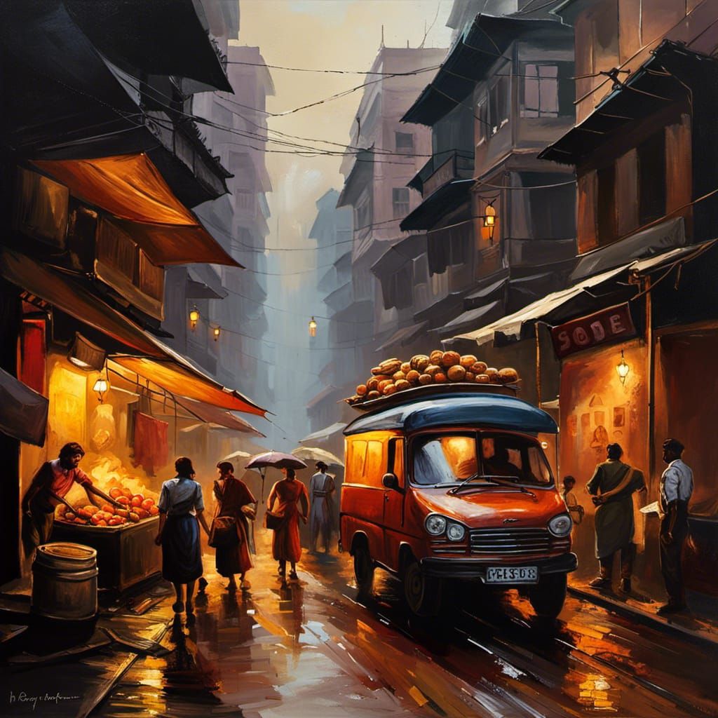 Mumbai Street Scene in Impasto Oil Painting Style