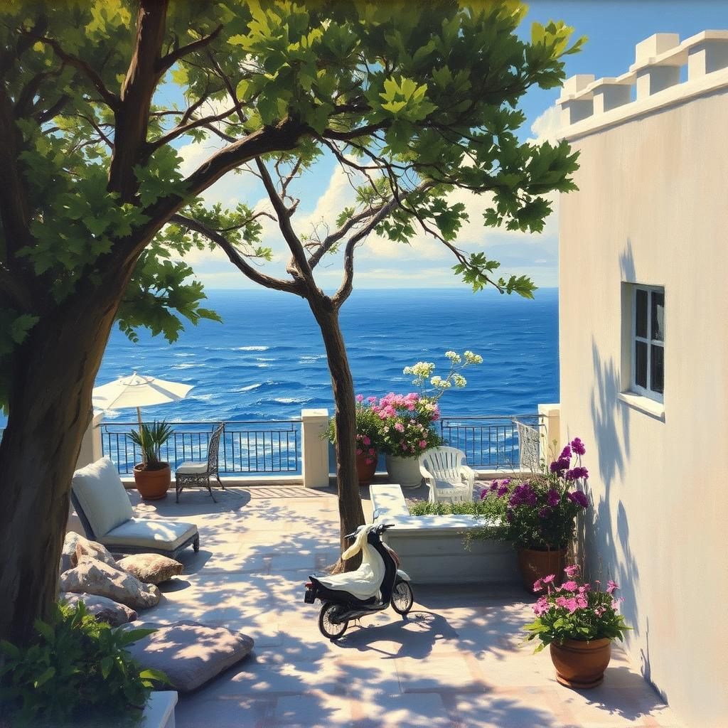 Idyllic Seaside Garden Terrace in Oil Painting Style