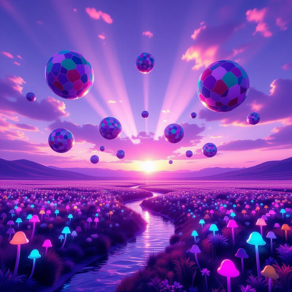 Floating Multicoloured Spheres Above Neon Mushroom Field