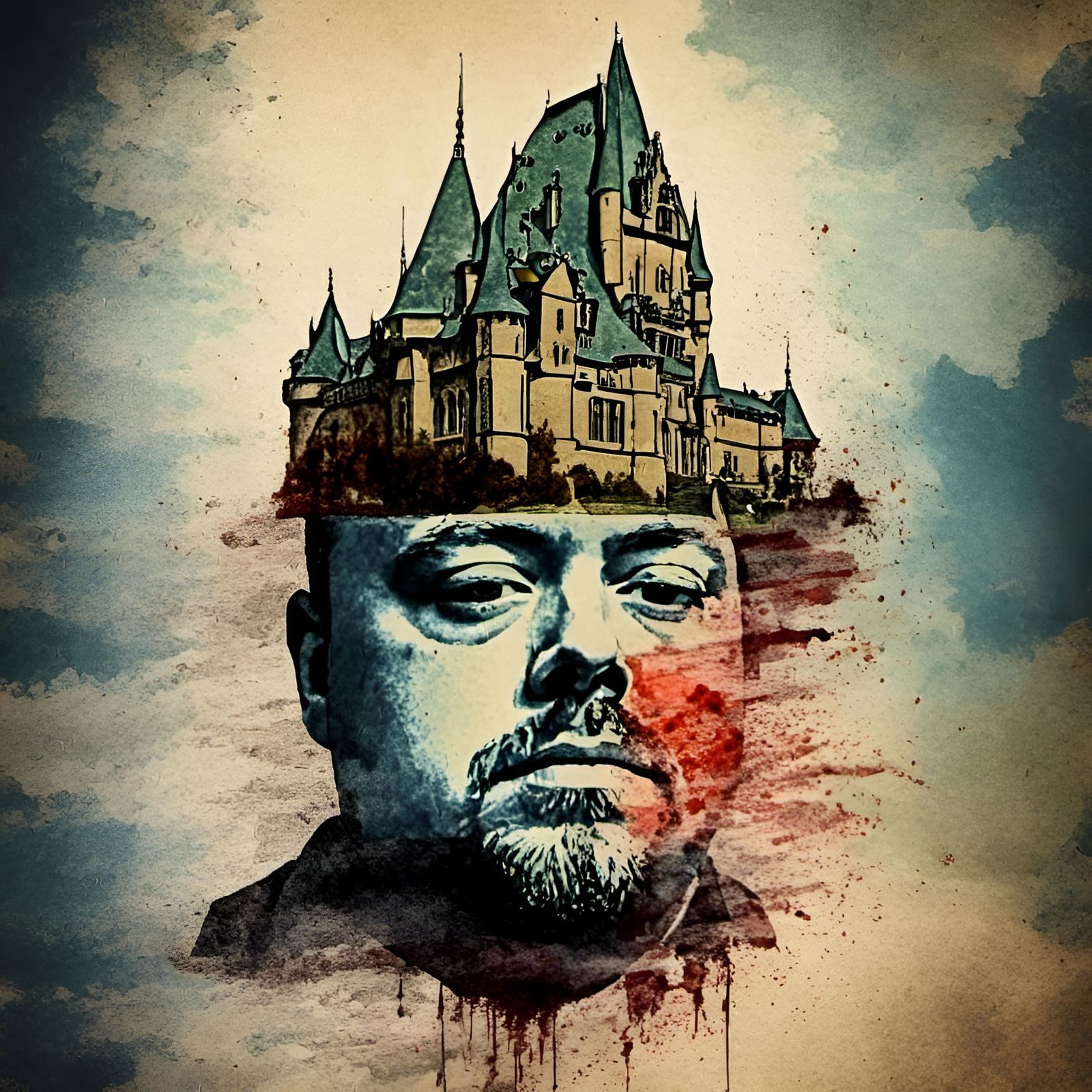 Surreal Castle Head Guillotine Watercolor Splash Art