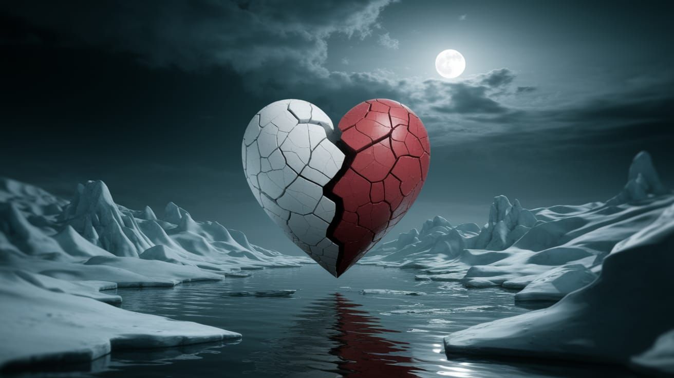 Shattered Heart Amidst Icy Terrain in a Mysterious Moonlit S...