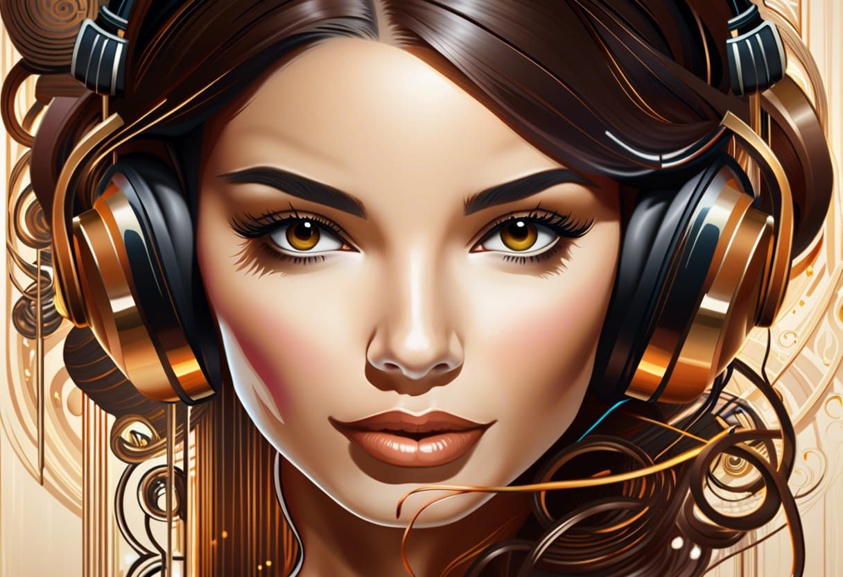 Art Nouveau Portrait of Female DJ with Headphones