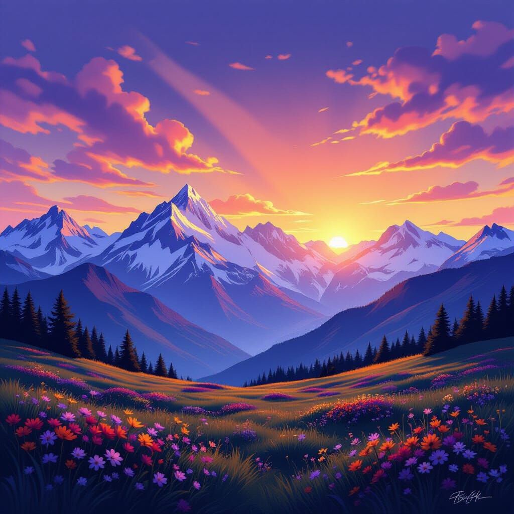 Sunrise Over Snow-Capped Mountains in Alpine Meadow