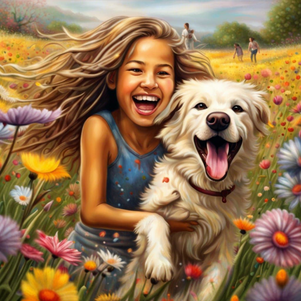 Joyful Girl and Puppy in Flower Field, Splash Art