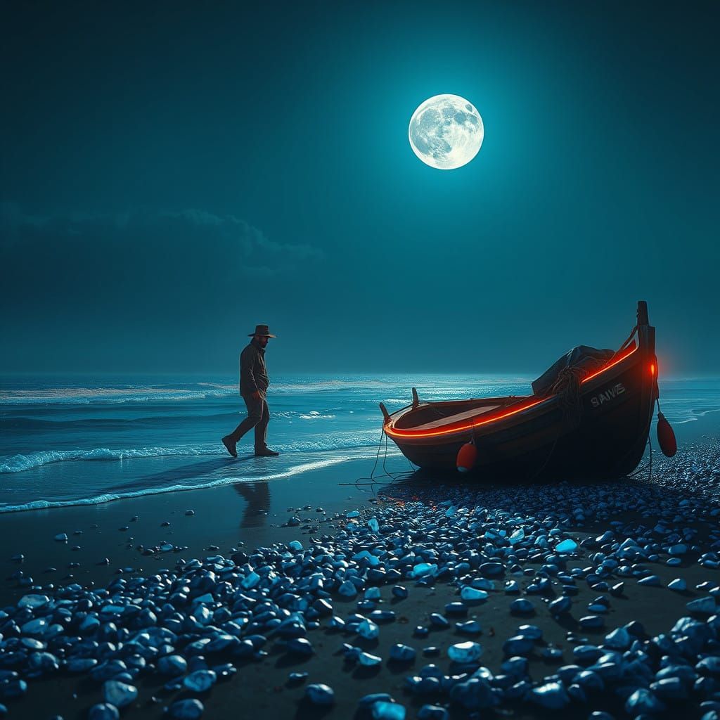 Moonlit Seaside Dreamscape in Retro-Futuristic Style