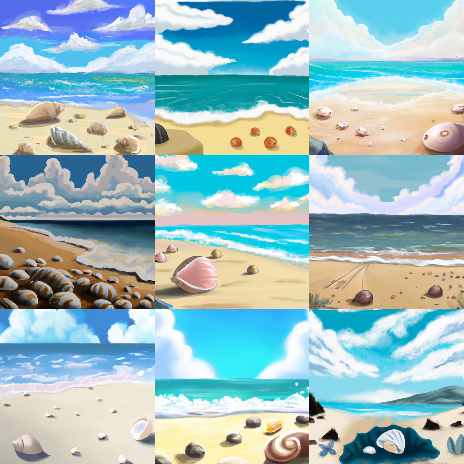 Studio Ghibli Style Beach Painting with Shells