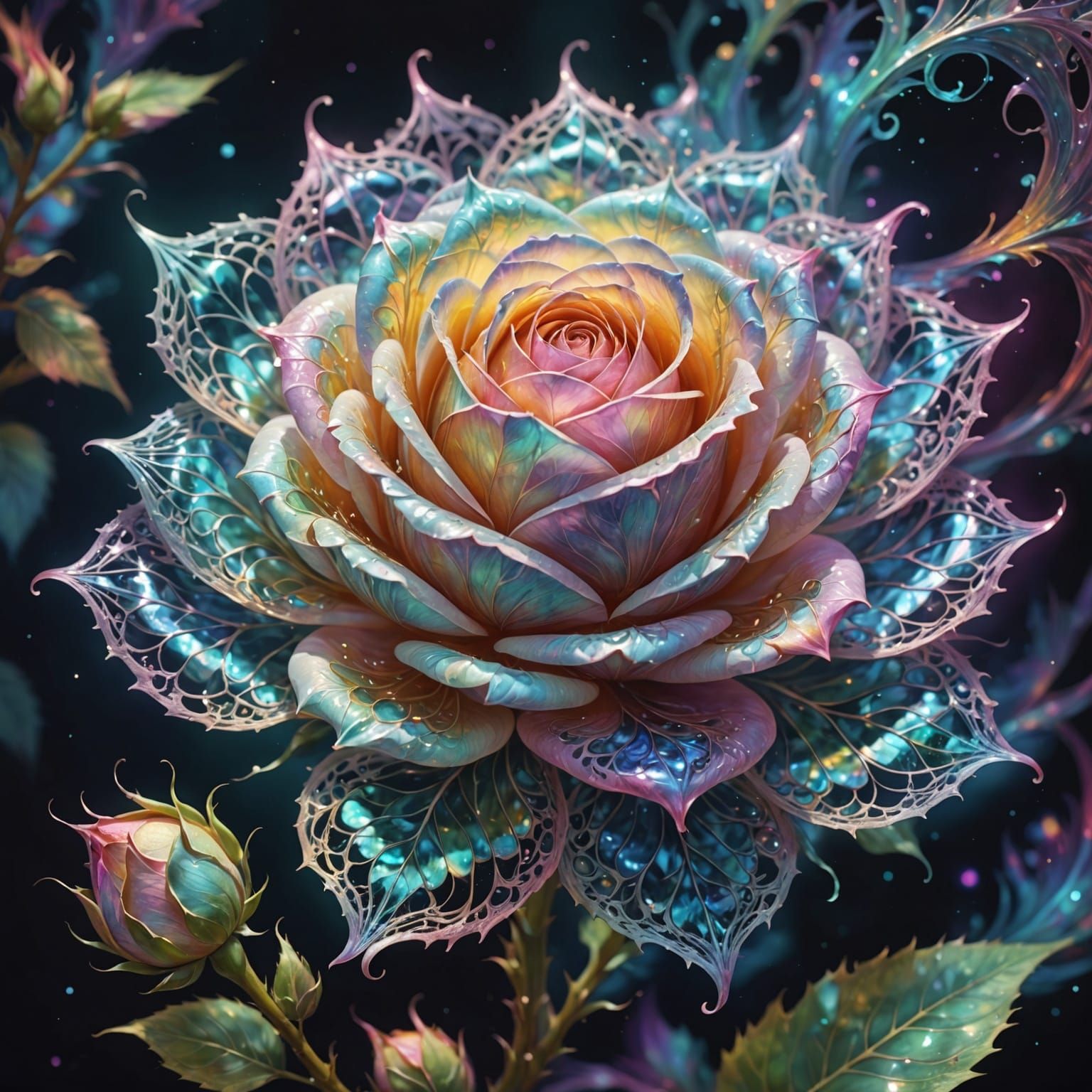 Filigree Fractal Rosebud in Pastel Ink