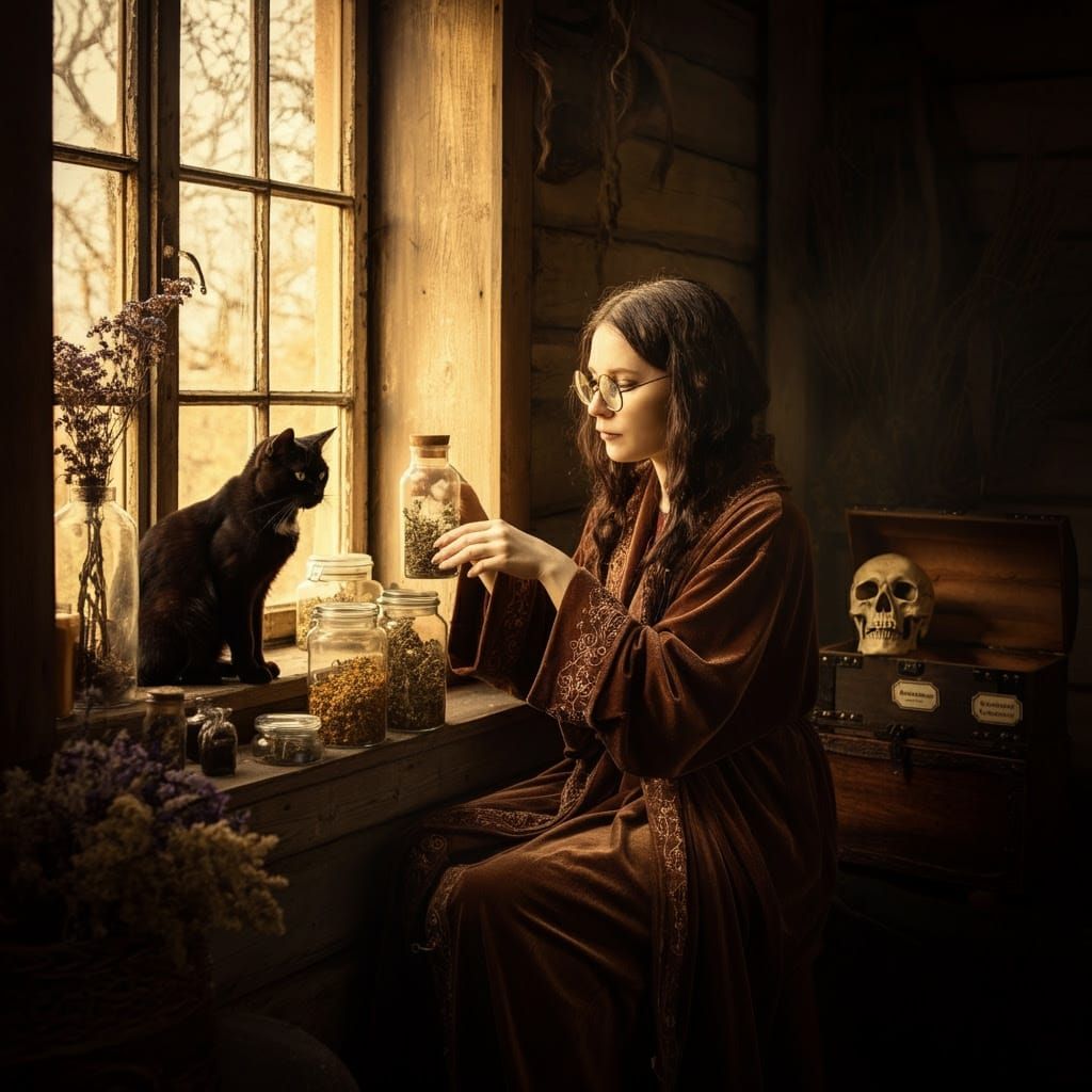Witch Apothecary in Rustic Home, Victorian Illustration