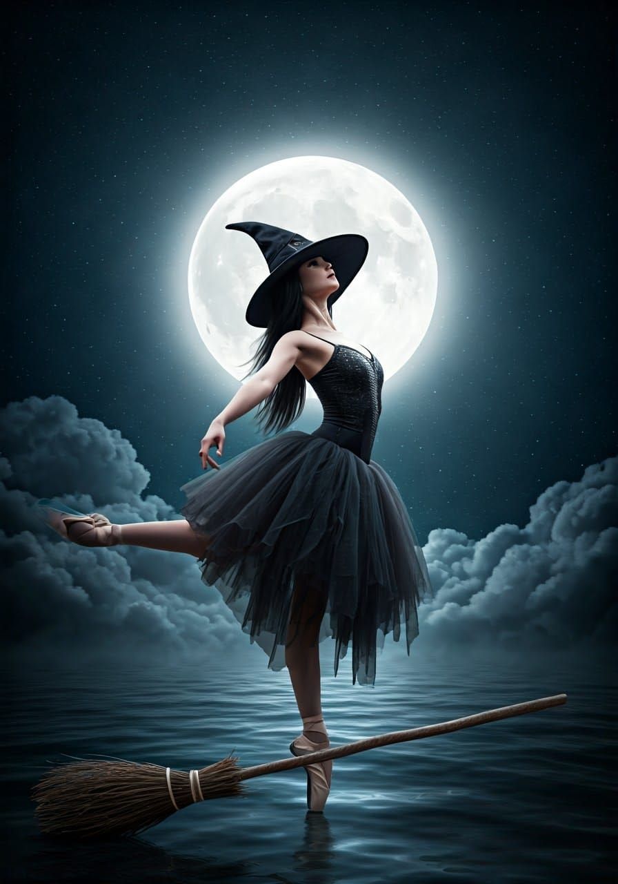 Ballerina Witch in Moonlight: A Photorealistic Masterpiece