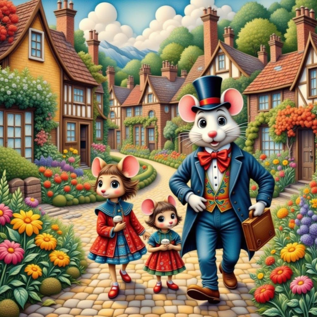 Mouse Family in Folk Art Fairy Tale Style