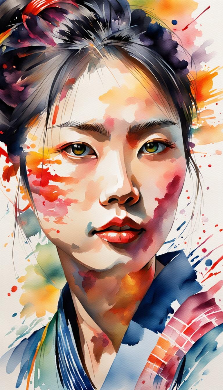 Abstract Japanese Woman in Watercolor Style