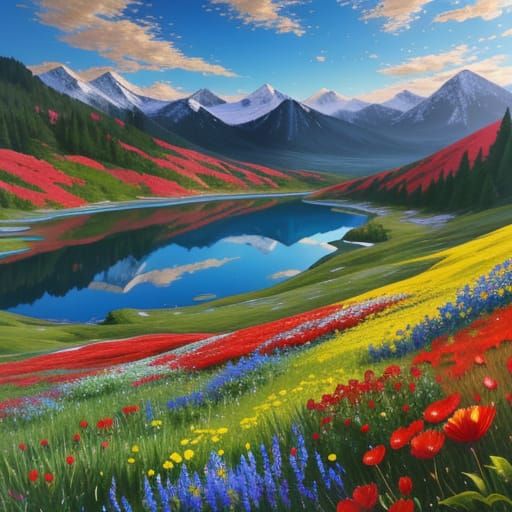 Vibrant Mountain Lake in Full Bloom