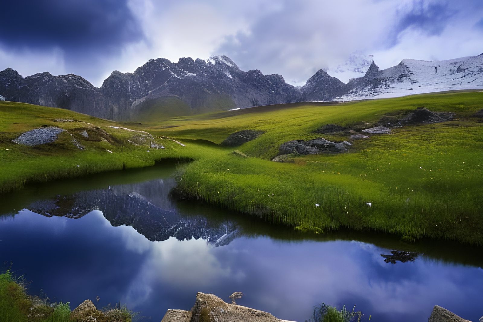 Dramatic Mountain Landscape with Wildflowers