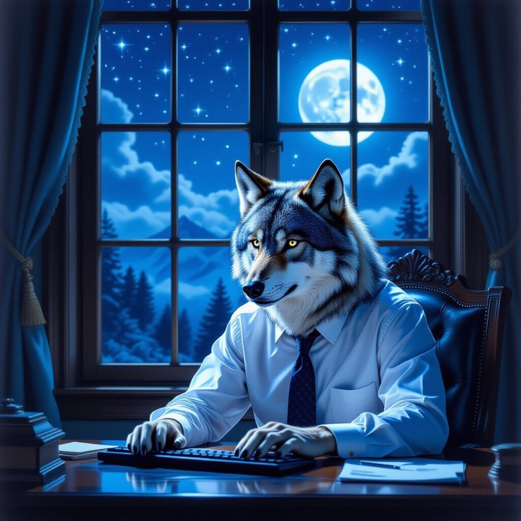 Anthropomorphic Wolf Typing at Desk Under Starry Night Sky