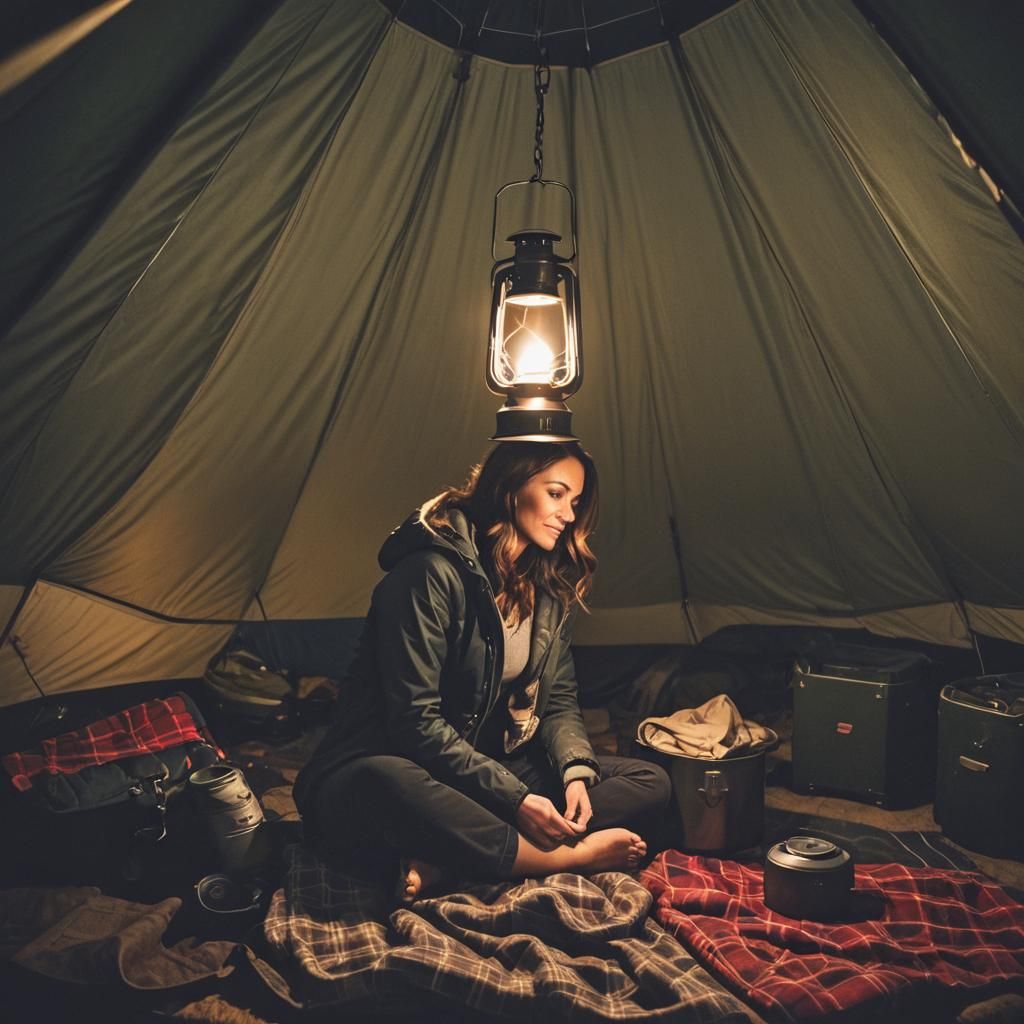 Woman Undressing in Tent Lit by Lantern