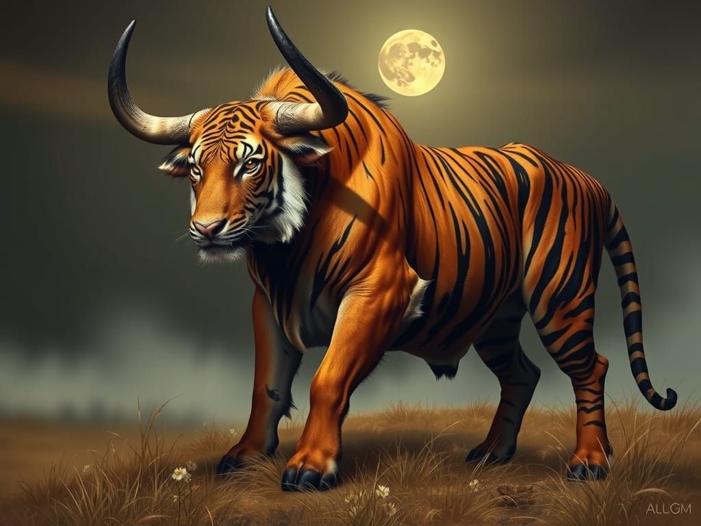 Mythical Tiger-Bull of the Moonlit Savannah