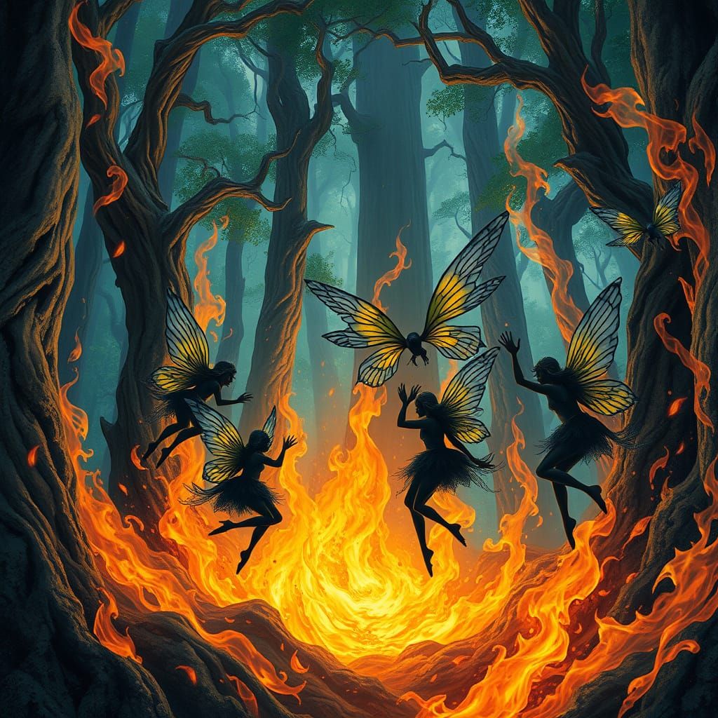 Mystical Black Fairies Dance Amidst Swirling Flames in Ancie...
