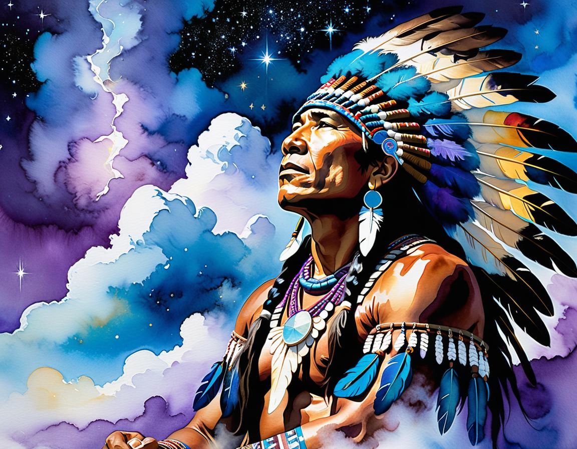 Native American Warrior Spiritual Art in Watercolor Style