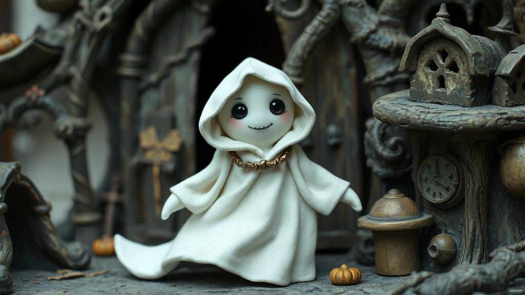 Friendly Ghost in Whimsical Clay Environment