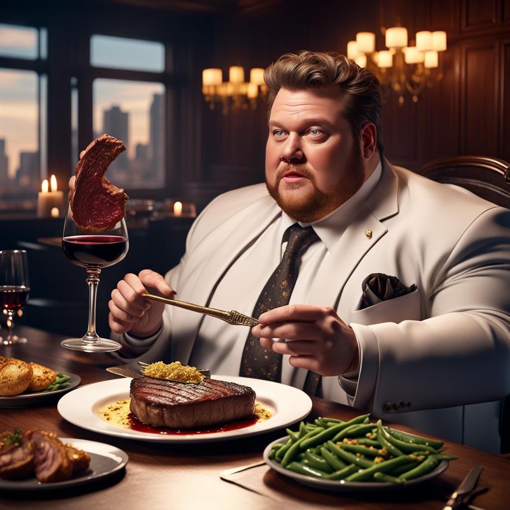 Businessman's Extravagant Steak Dinner: Digital Art