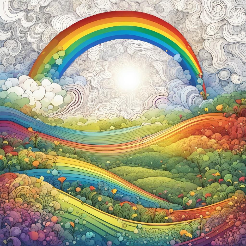 Rainbow Over Meadow in Abstract Vector Style