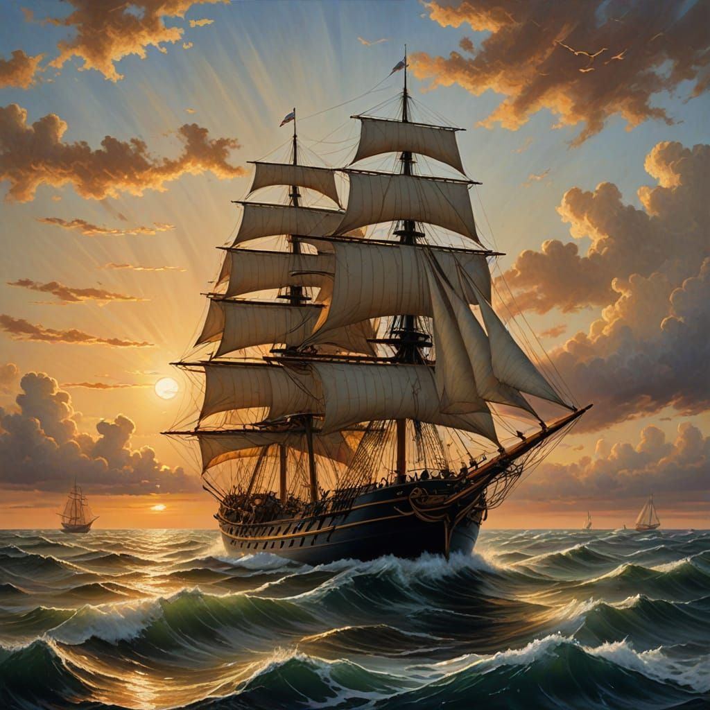 Romantic 19th Century Sailing Ship in Golden Light