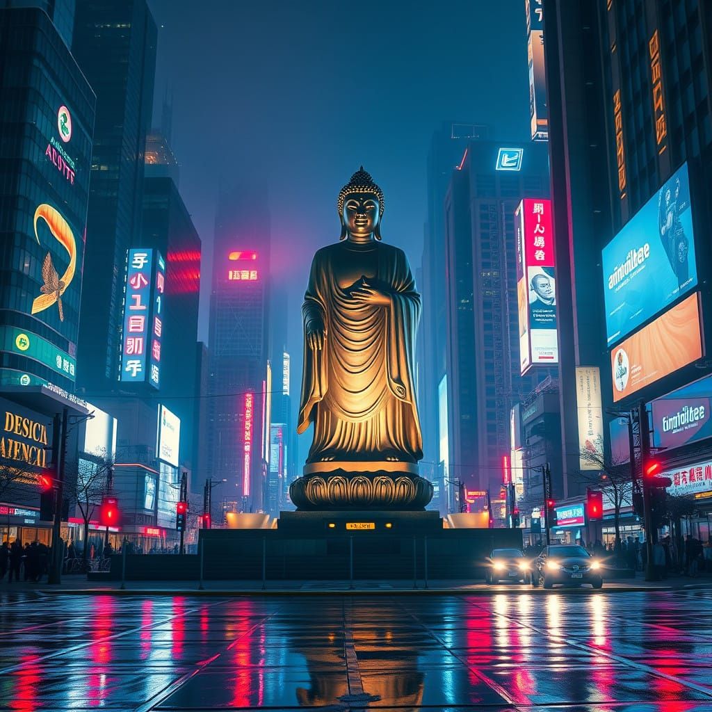 Majestic American Buddha Amidst Urban Neon Landscape