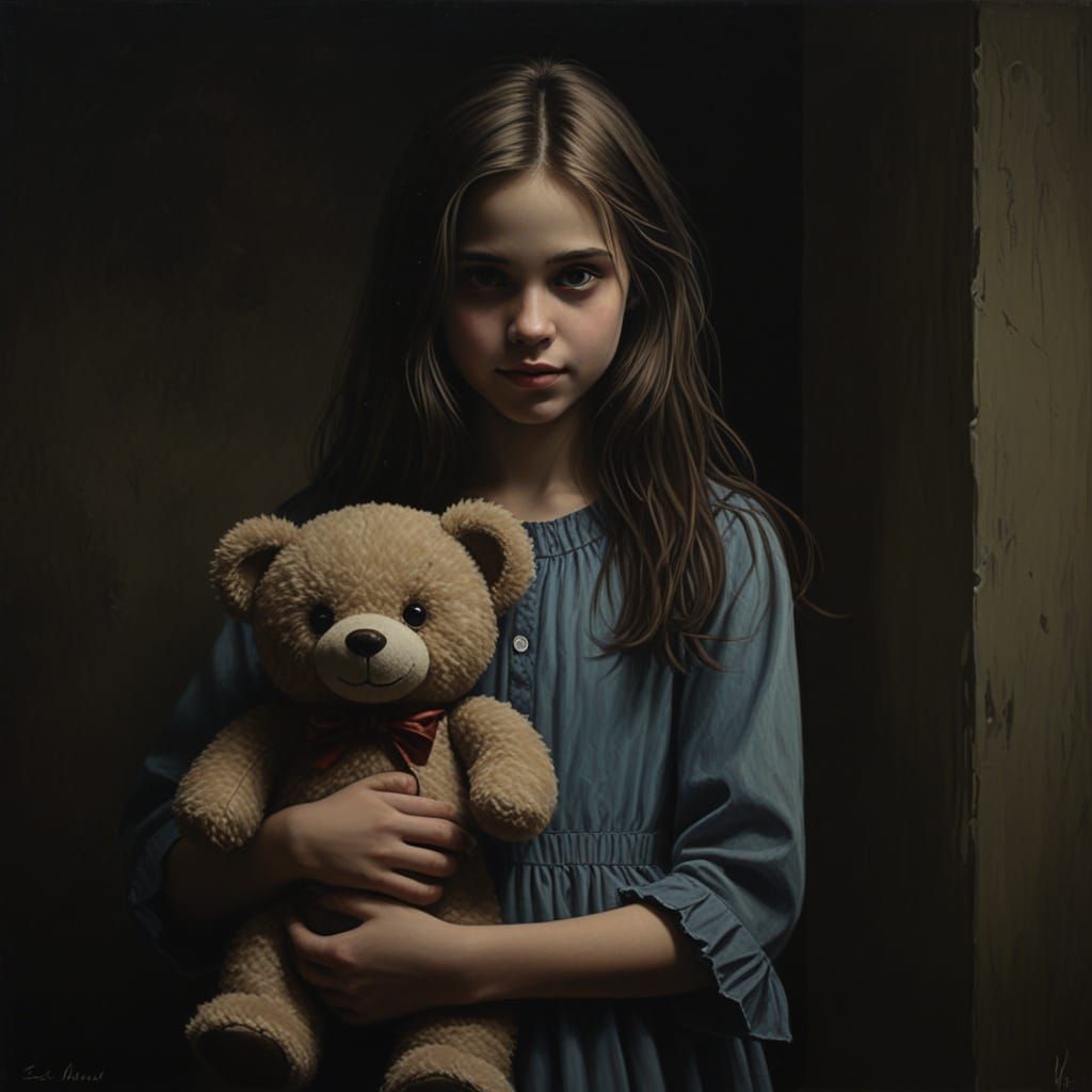 Eerie Surrealist Oil Painting of Girl with Teddy Bear