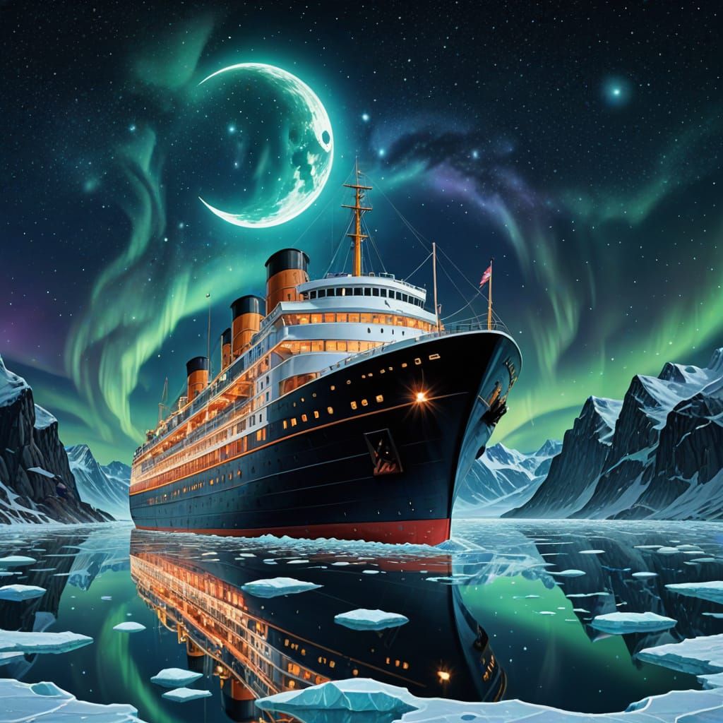 Steamship Travels Icy Waters Under Aurora Borealis