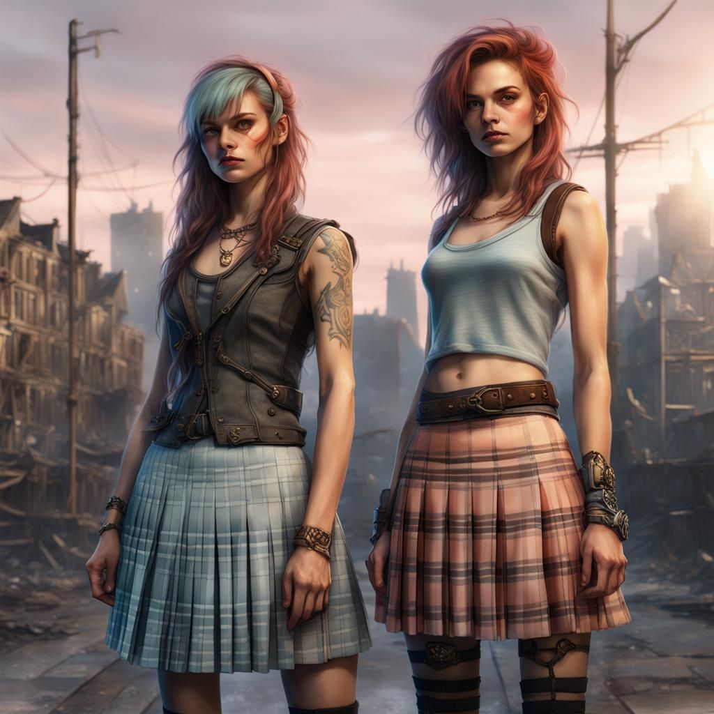 Punk Women in Plaid: Detailed Fantasy Concept Art