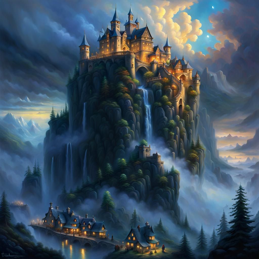 Ethereal Discworld Castle in Mist: Digital Matte Painting