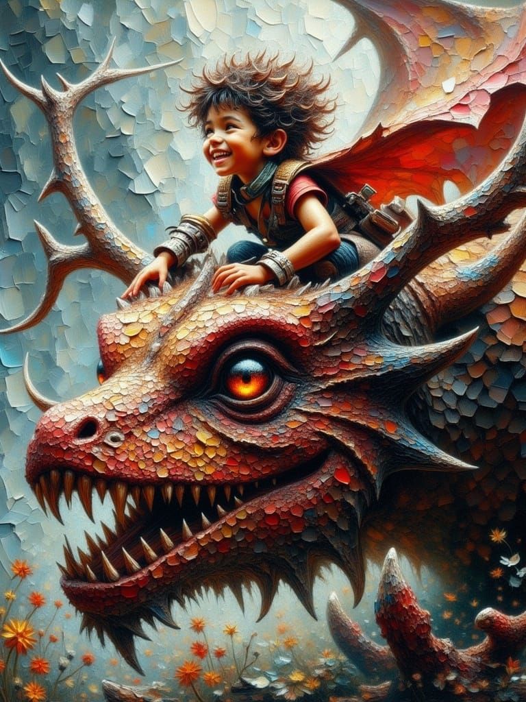Impasto Fantasy Dragon Portrait with Adventurous Young Rider