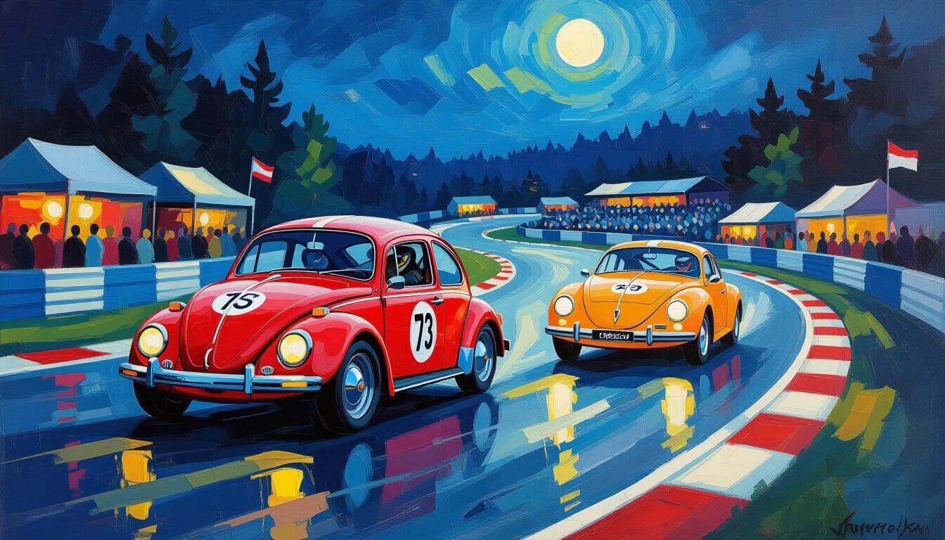 Vintage Beetles Race at Spa in Neo-Impressionist Style