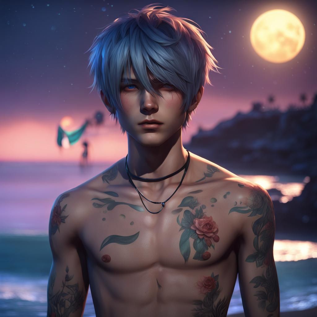 Emo Neko Boy on Beach in Moonlight