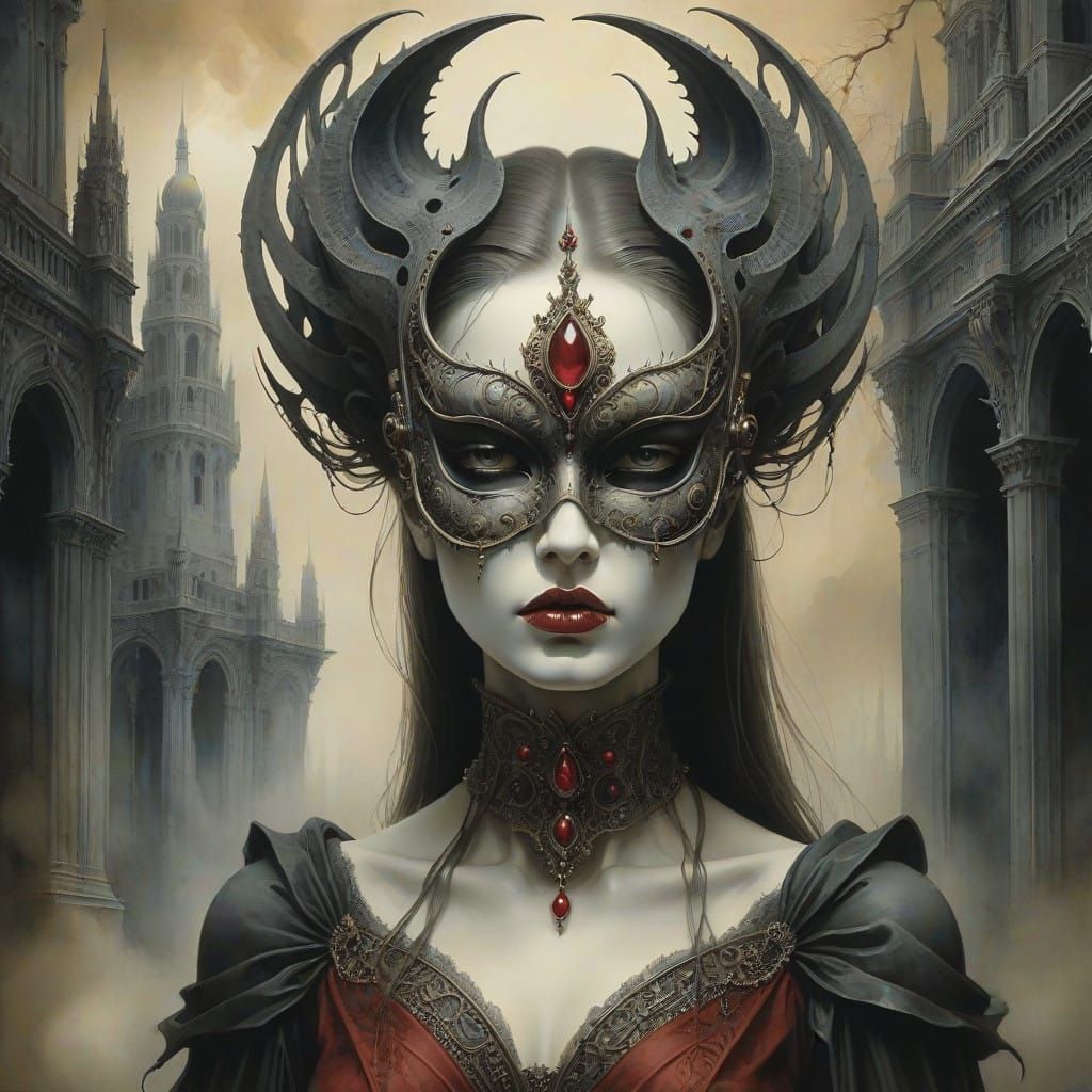 A superfine watercolor painting of an  arrogant woman in a macabre dark fantasy mask. Her head is tilted back  as she lo...